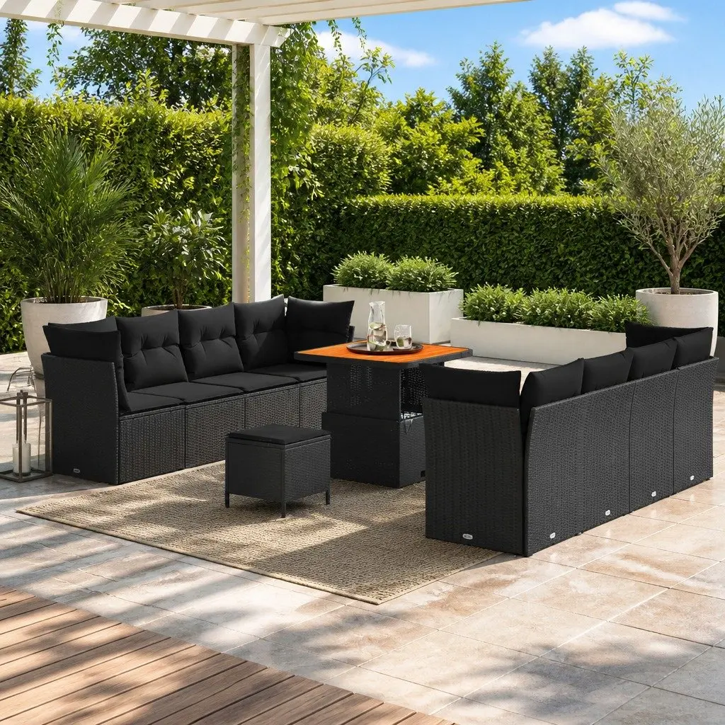 Garden Sofa Set 11 Pieces Height-Adjustable Outdoor Furniture Black Poly Rattan