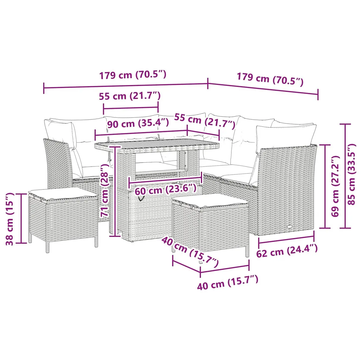 Outdoor Garden Sofa Set 8 Pieces Modular Black Poly Rattan Adjustable Height