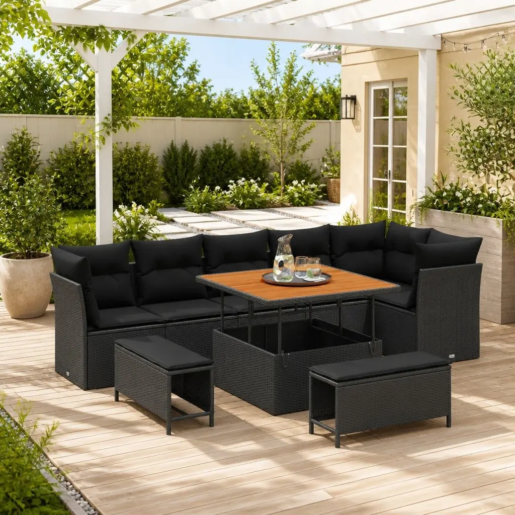 Garden Sofa Set 9 Pieces Modular Outdoor Furniture Black Poly Rattan