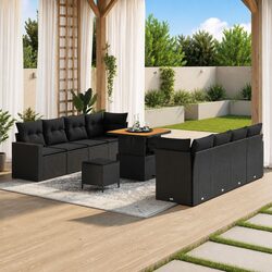 Garden Sofa Set 11 pcs Outdoor Furniture Black Poly Rattan Acacia Wood Modular