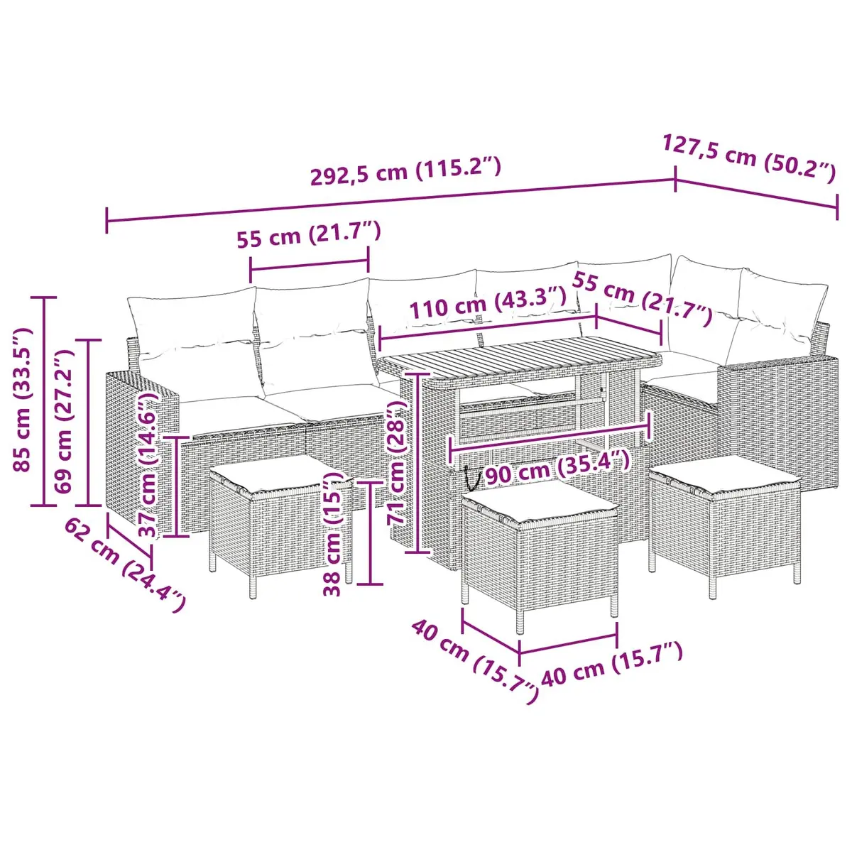 Outdoor Garden Sofa Set 10 Pieces Modular Height Adjustable Black Poly Rattan