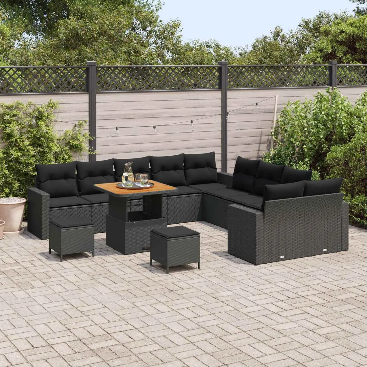 Garden Sofa Set Height-Adjustable 13pc Outdoor Furniture Black Poly Rattan