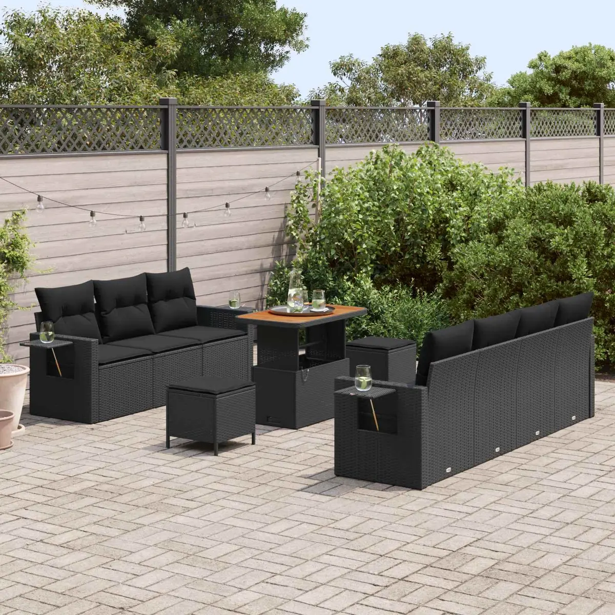 Modular Garden Sofa Set 10 Piece Black Poly Rattan Outdoor Furniture with Height Adjustable Table