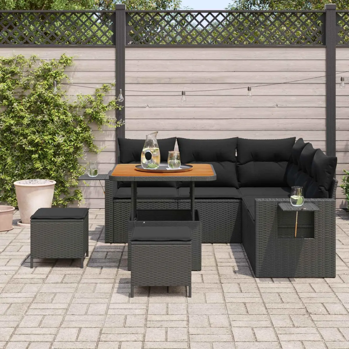 Modular Garden Sofa Set 8 Pieces Black Poly Rattan Outdoor Furniture with Removable Cushions