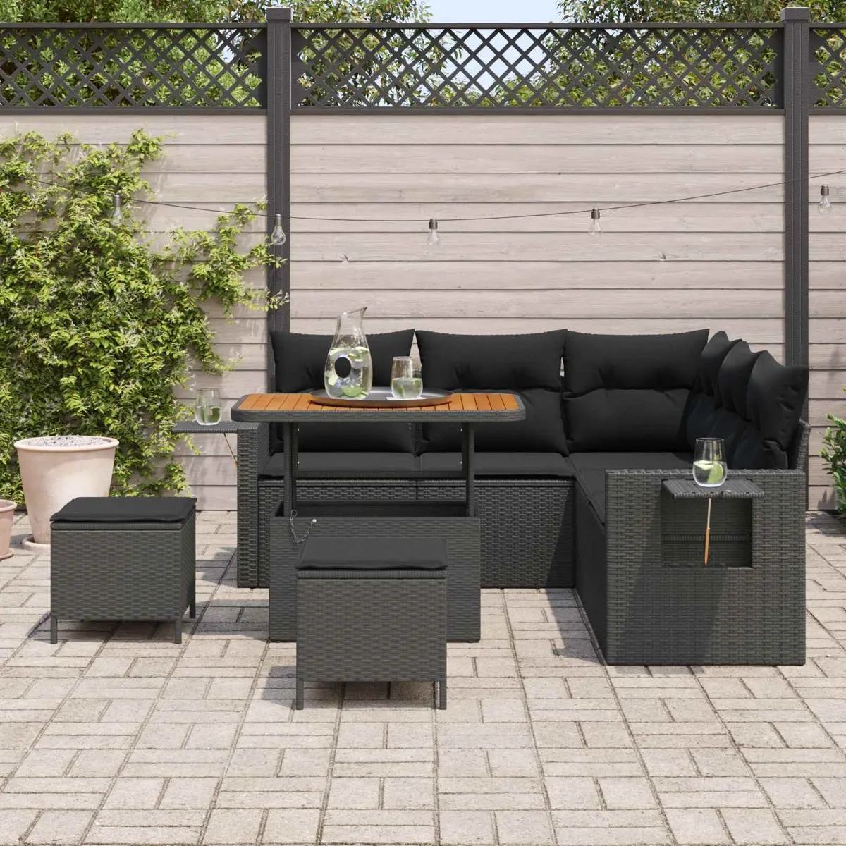 Modular Garden Sofa Set 8 Pieces Black Poly Rattan Outdoor Furniture with Removable Cushions