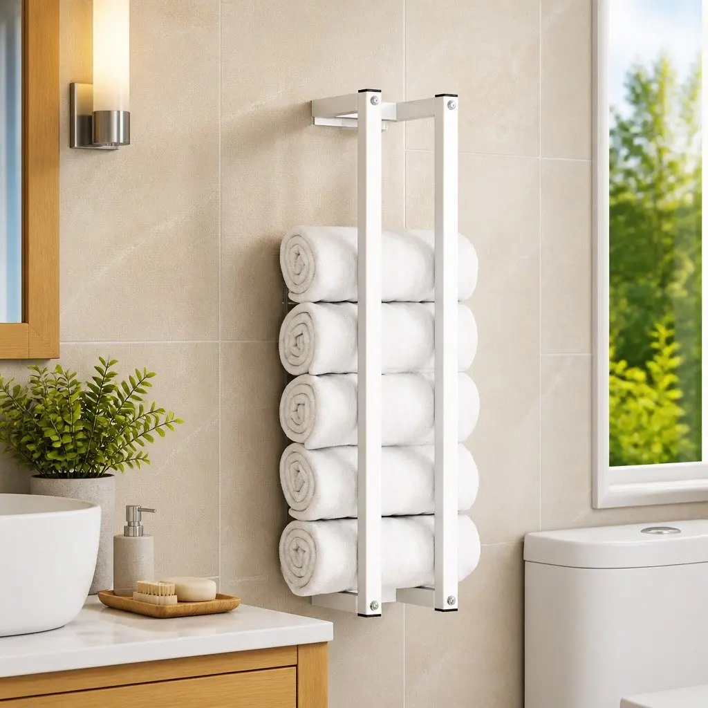 Towel Rack White Wall-Mounted Bathroom Storage Holder Steel Frame