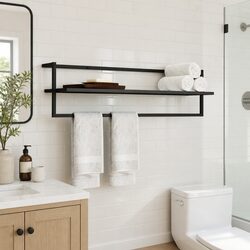 Towel Rack Wall Mount Black Iron Bathroom Shelf Storage Holder Organizer