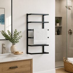 Black Steel Towel Rack Wall Mount Bathroom Holder Storage Organization