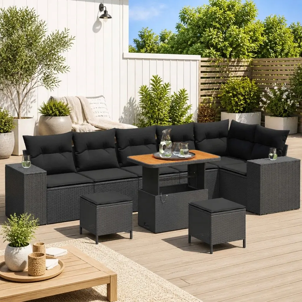 Outdoor Sofa Set 9 Piece Modular Black Poly Rattan with Adjustable Tabletop