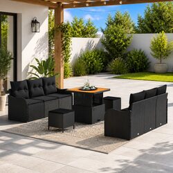 Garden Sofa Set 9 Piece Outdoor Furniture Black Poly Rattan Patio Lounge Suite