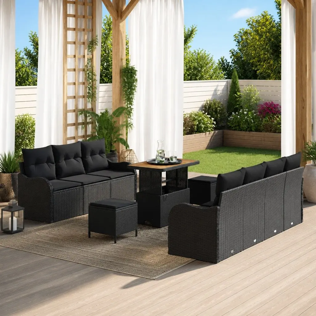Modular Garden Sofa Set 10 Piece Black Poly Rattan Weather-Resistant with Height-Adjustable Table