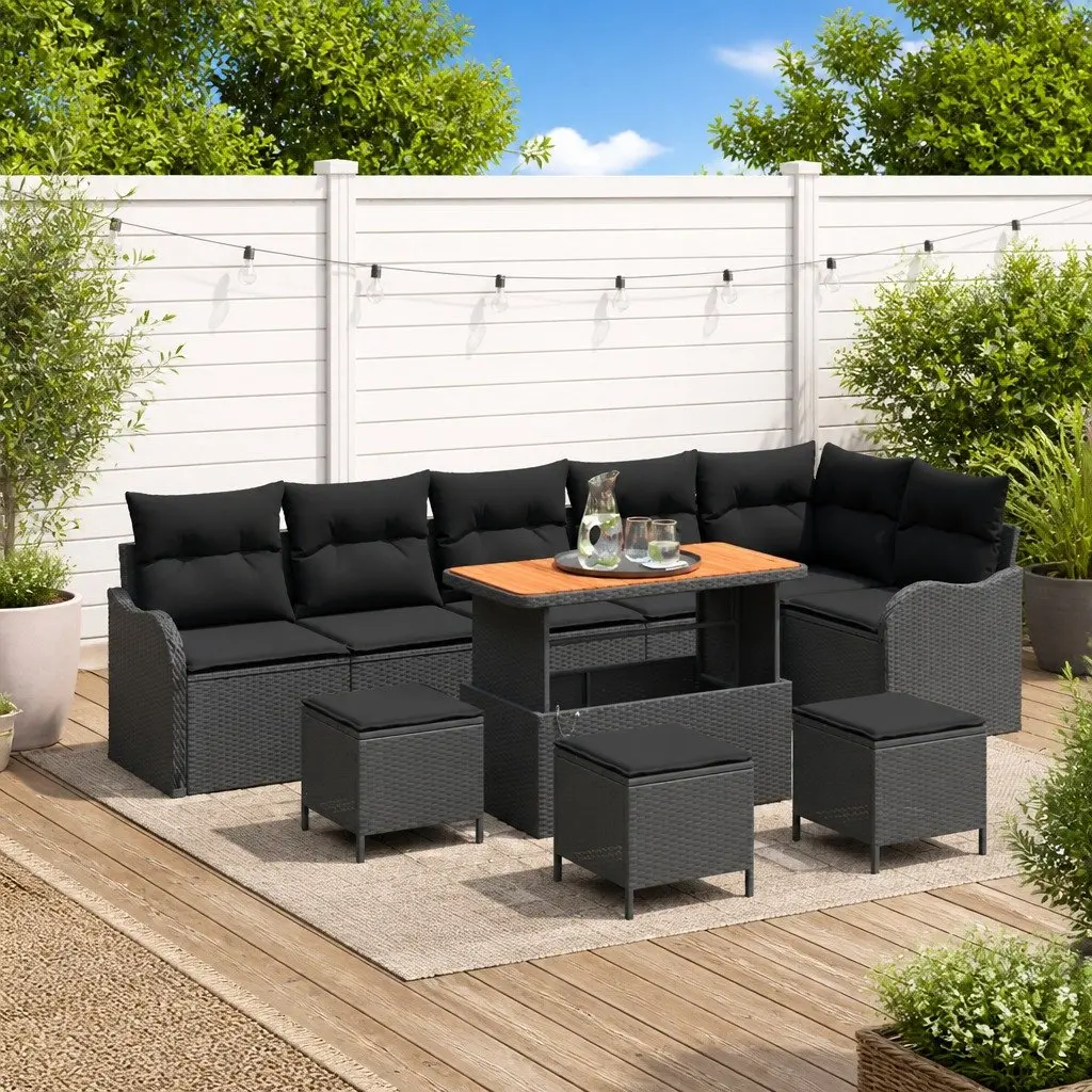 Garden Sofa Set 10 Piece Modular Lounge Black Poly Rattan Weather Resistant with Removable Cushions and Adjustable Tabletop