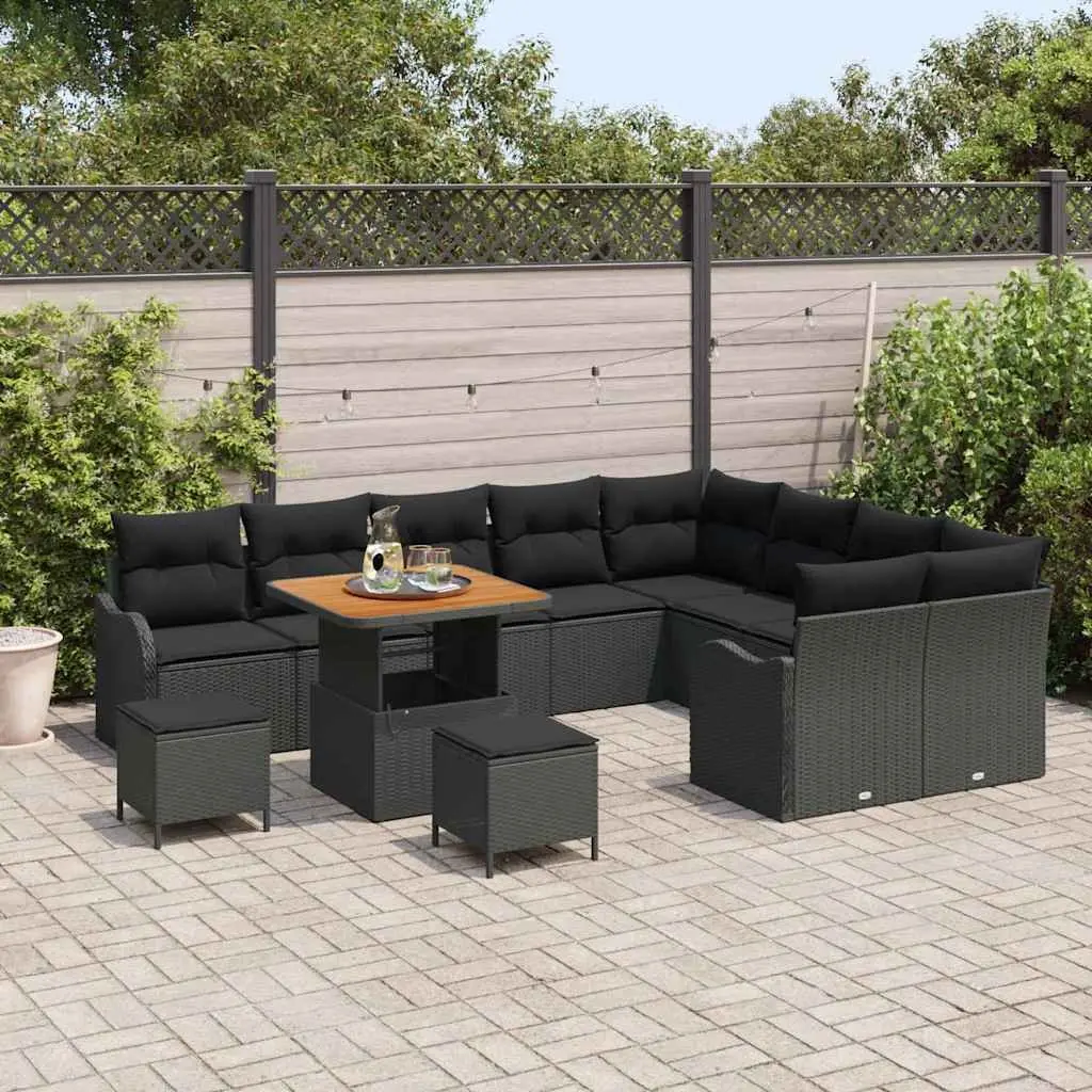 Outdoor Garden Sofa Set 12 Piece Black Poly Rattan with Solid Acacia Wood and Height Adjustable Tabletop