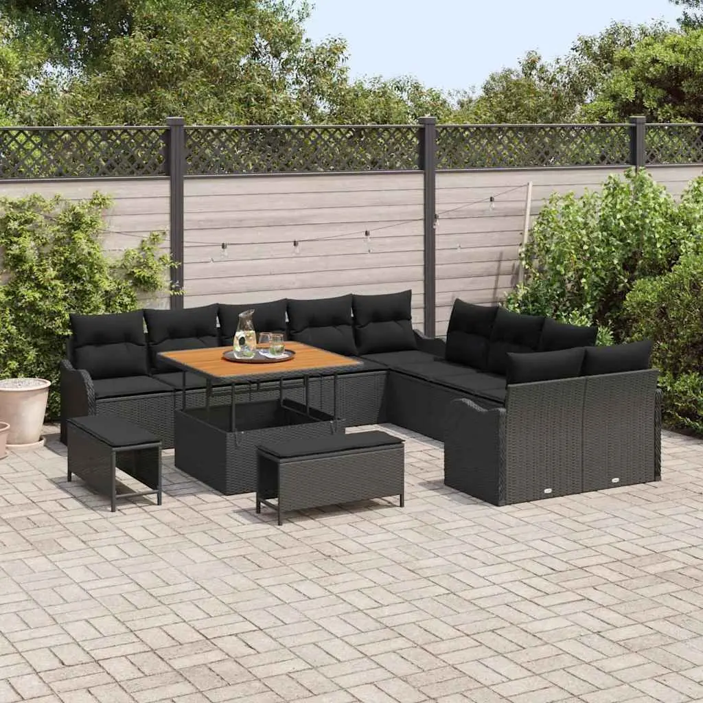 Garden Sofa Set 13 Piece Height-Adjustable Black Poly Rattan Outdoor Furniture