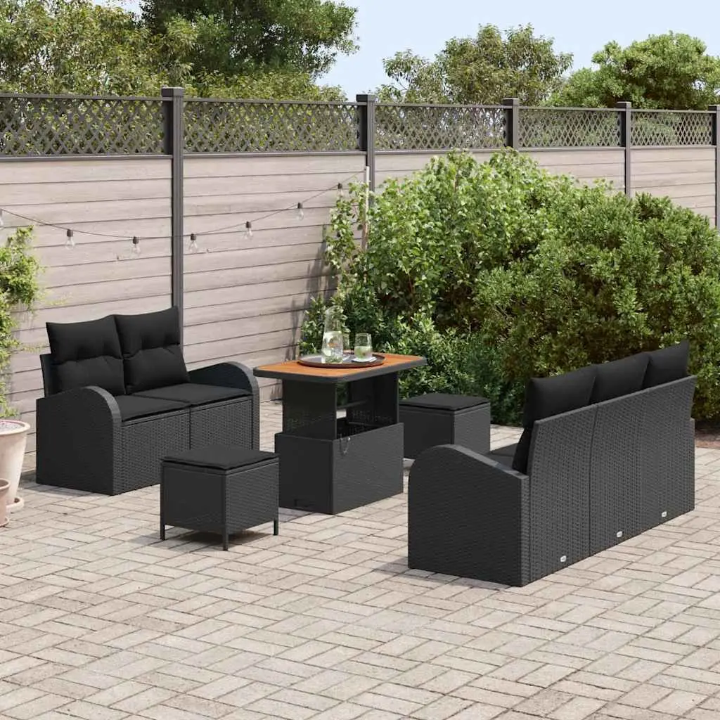 Outdoor Furniture Set 8 Pieces Modular Black Poly Rattan with Cushions for Patio and Garden