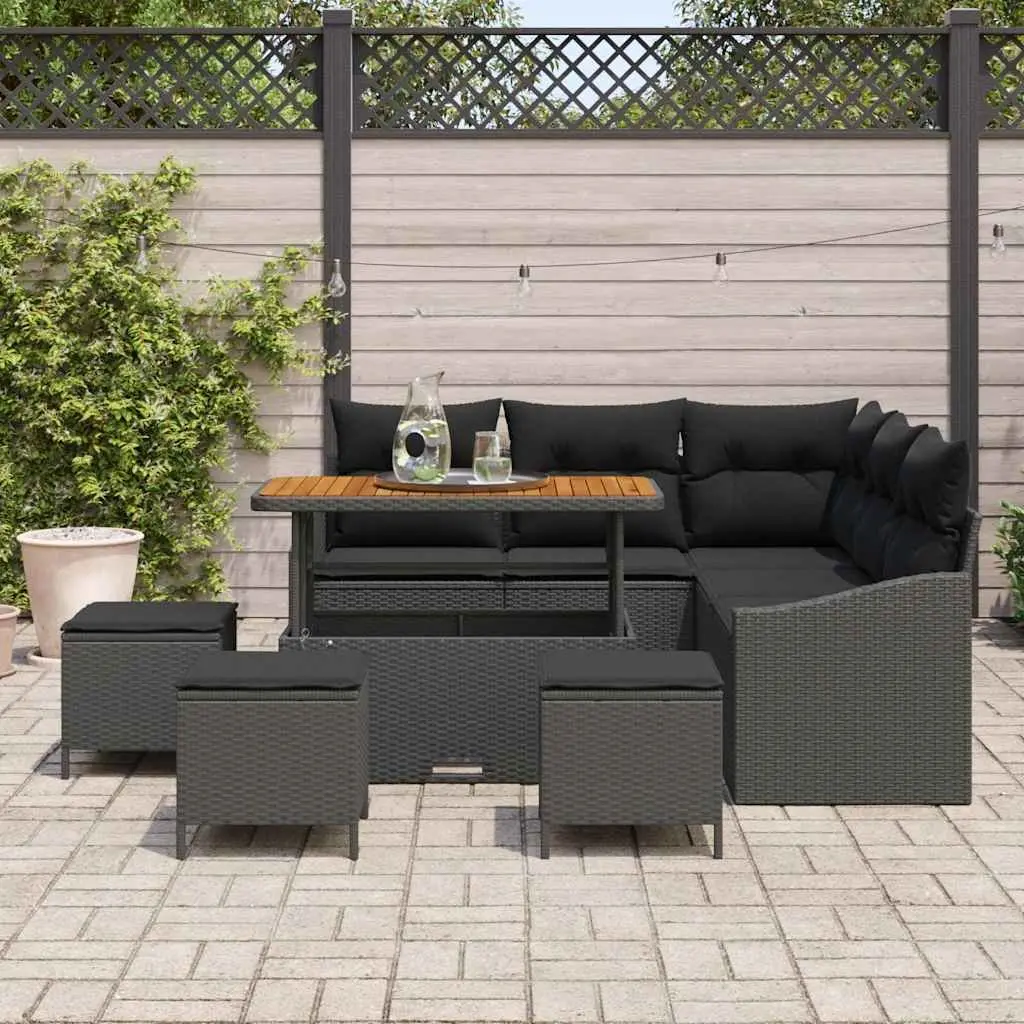Outdoor Garden Sofa Set 9 Pieces Black Modular Poly Rattan Seating with Cushions