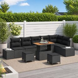 Garden Sofa Set 9 Pieces Black Outdoor Furniture Rattan Lounger with Cushions