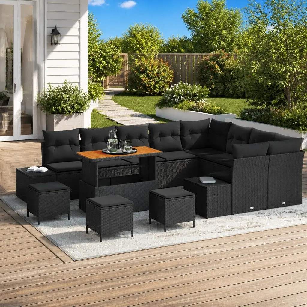 Garden Sofa Set 13 Piece Outdoor Furniture Black Poly Rattan Steel Frame with Cushions