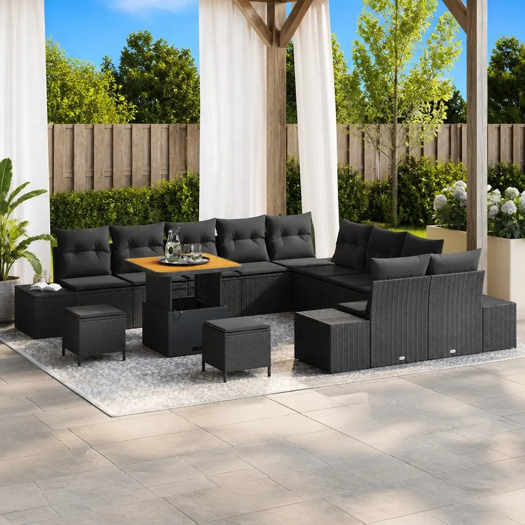 Garden Sofa Set 13 Piece Black Poly Rattan Outdoor Furniture with Cushions Steel Legs