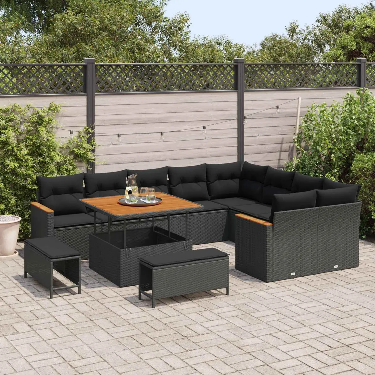 Outdoor Garden Sofa Set 12 Piece Black Poly Rattan Furniture with Acacia Wood Surface and Foam-Filled Cushions