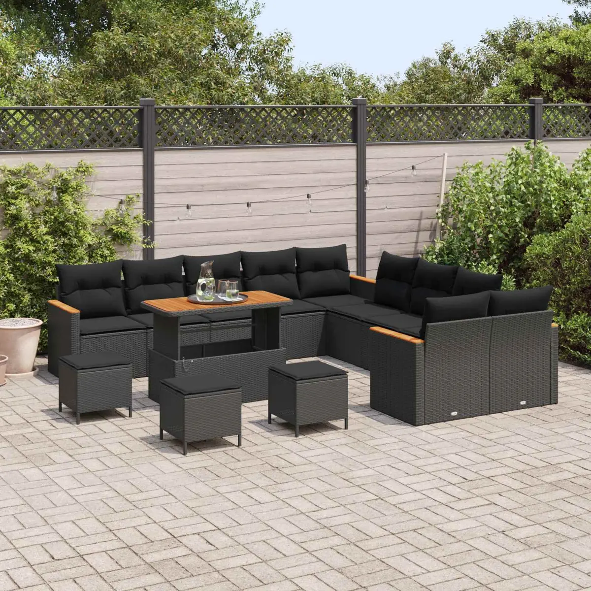 Garden Sofa Set 14 Pieces Black Modular Outdoor Furniture Poly Rattan Acacia