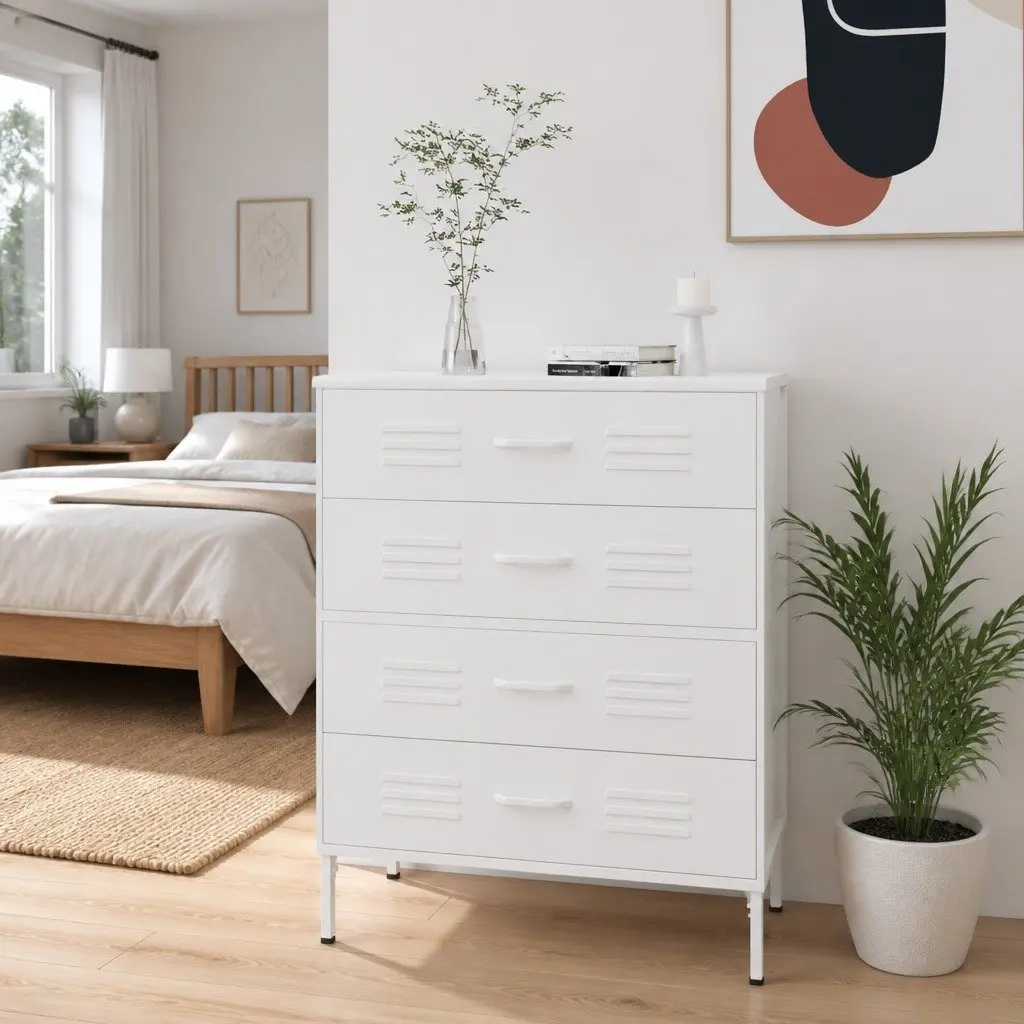 Chest of Drawers White Steel Construction Fully Extendable Drawers