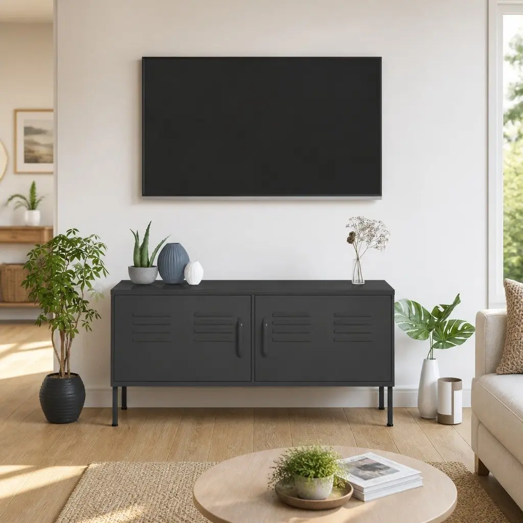 TV Cabinet Anthracite 105cm Steel Frame with Doors Shelves and Cable Organisation