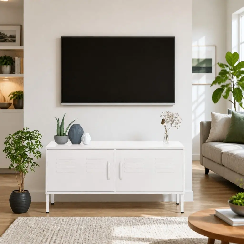 White TV Cabinet Storage Unit with Doors and Shelf for Living Room Media Console 105cm