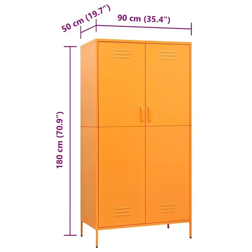 Steel Wardrobe Cabinet 90cm x 50cm x 180cm Yellow with Adjustable Shelves and Hanging Rod