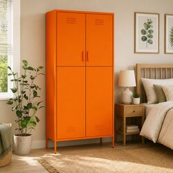 Orange Steel Wardrobe Cabinet with Hanging Rod and Adjustable Shelves Storage