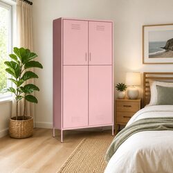 Pink Wardrobe Cabinet 90x50x180cm Steel Storage Cupboard Adjustable Shelves