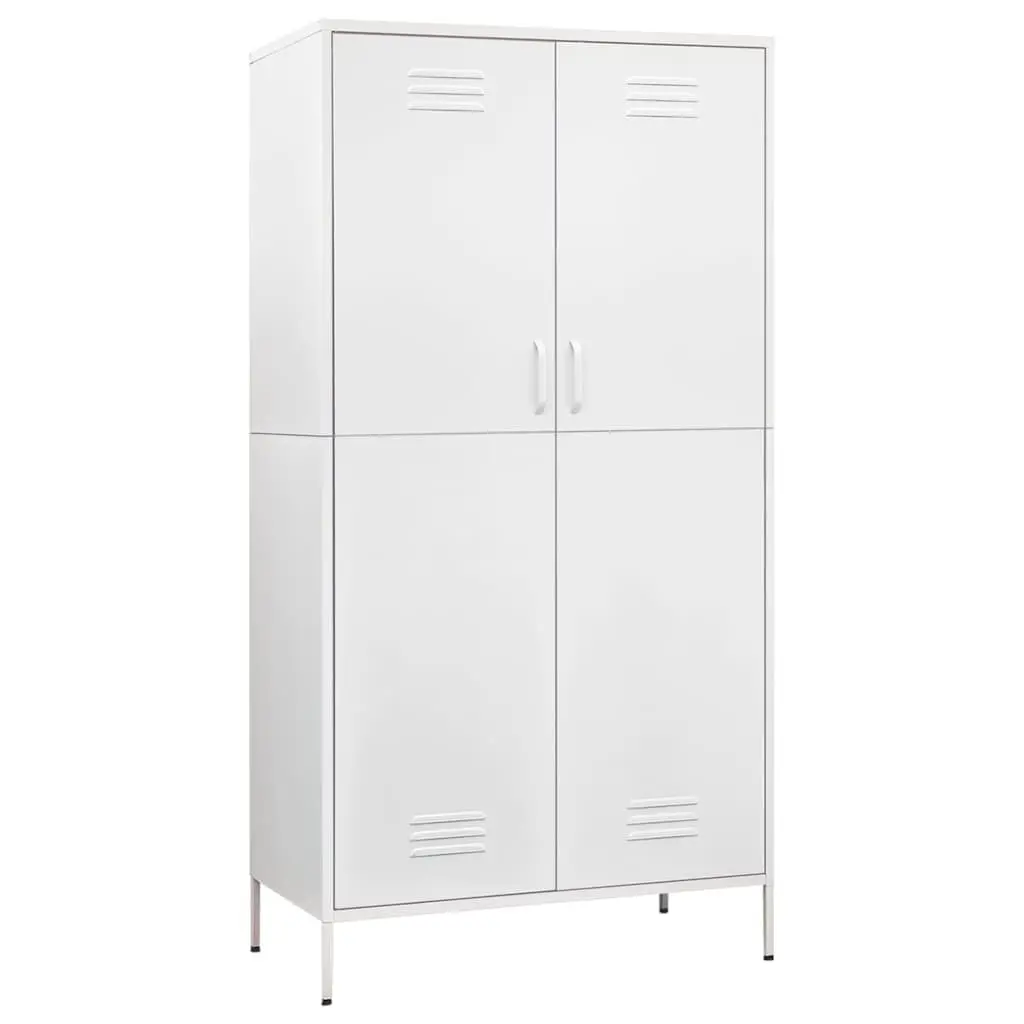 White Steel Wardrobe 90W x 50D x 180H cm 4 Shelves Hanging Rod Storage Cabinet