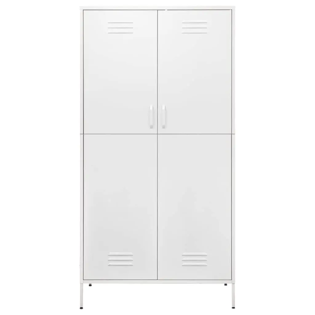 White Steel Wardrobe 90W x 50D x 180H cm 4 Shelves Hanging Rod Storage Cabinet