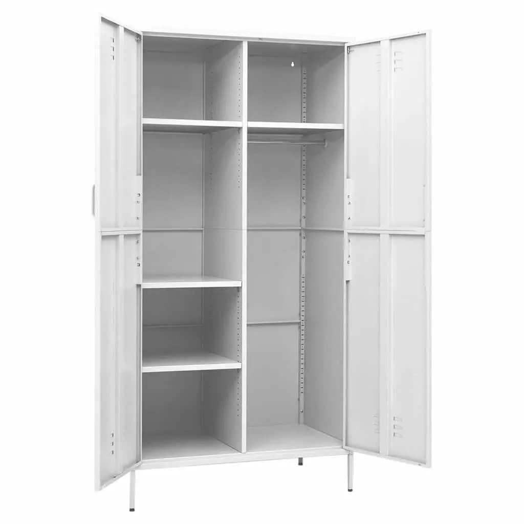 White Steel Wardrobe 90W x 50D x 180H cm 4 Shelves Hanging Rod Storage Cabinet