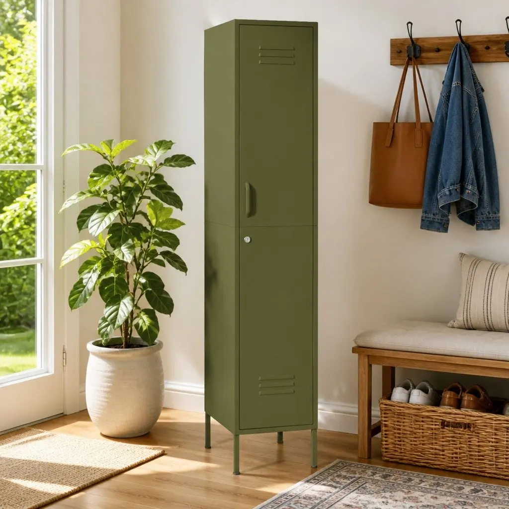 Steel Locker Cabinet Green 4 Adjustable Shelves Locking Storage