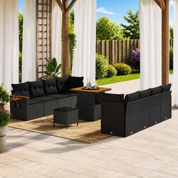 Garden Sofa Set 11 Pieces Black Modular Outdoor Furniture Poly Rattan Acacia