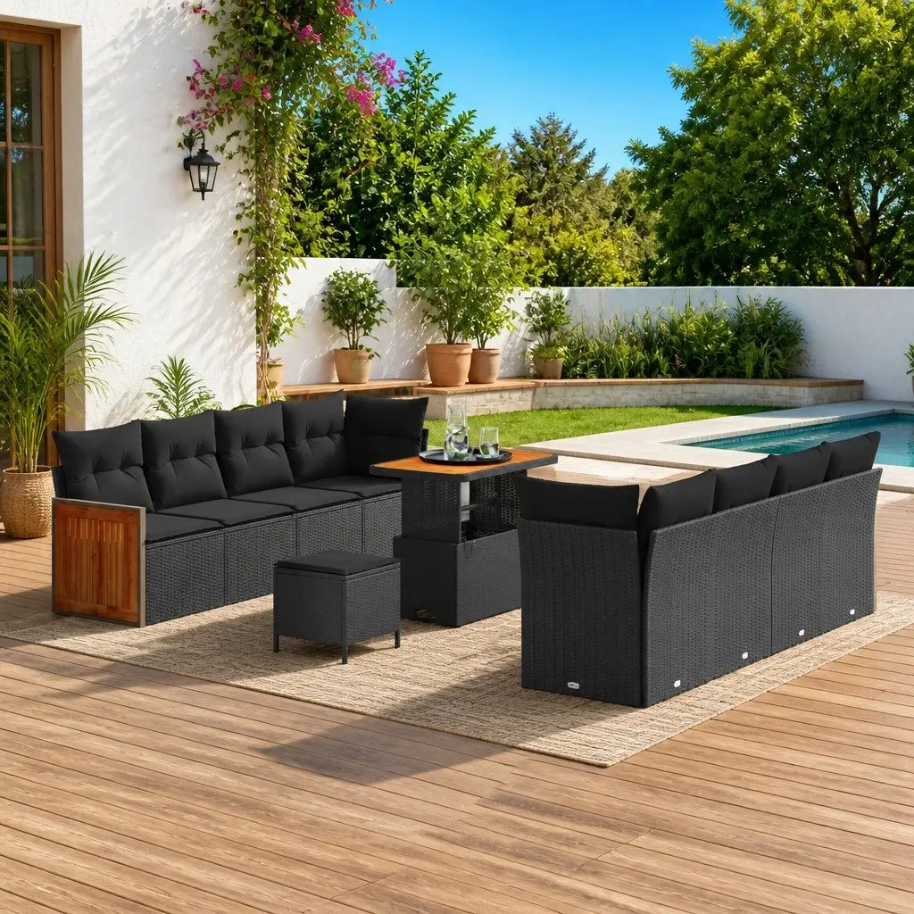 Outdoor Garden Sofa Set 11 Pieces Black Ergonomic Backrest and Removable Cushions