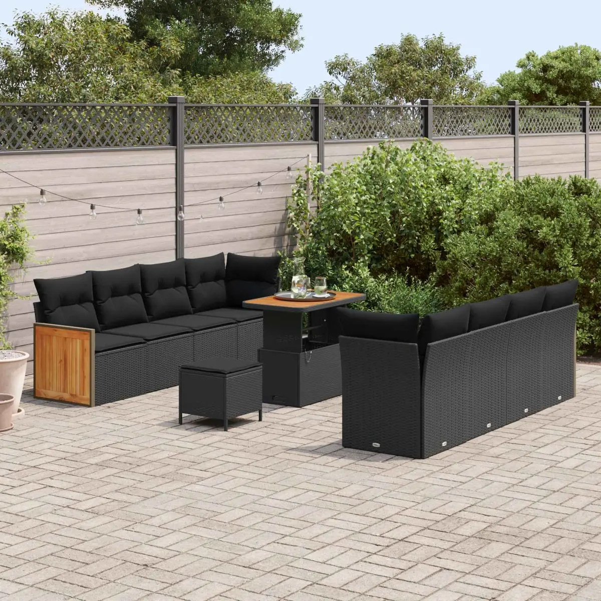 Outdoor Garden Sofa Set 11 Pieces Black Ergonomic Backrest and Removable Cushions