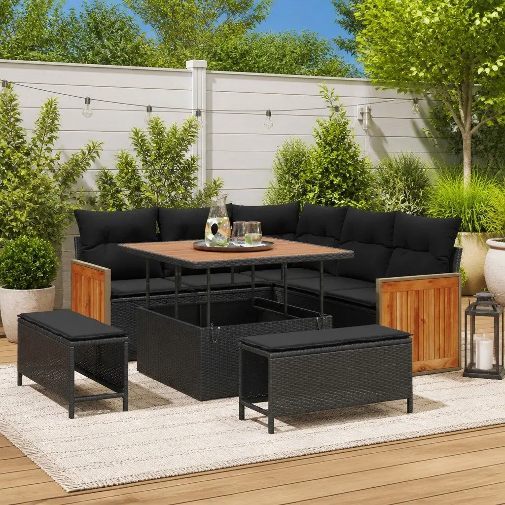 Outdoor Garden Sofa Set 8 Pieces Black Poly Rattan Steel Frame Weather Resistant