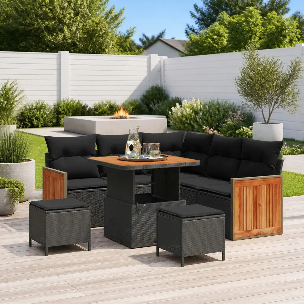 Outdoor Garden Sofa Set 8 Piece Black Poly Rattan Steel Frame Weather Resistant Furniture