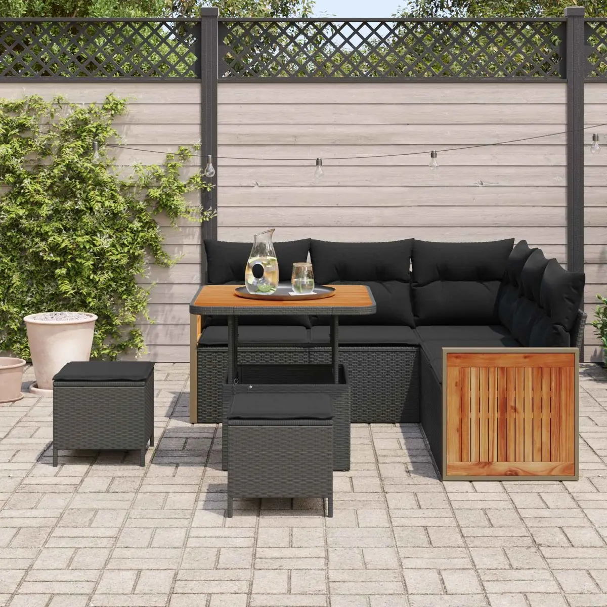 Outdoor Garden Sofa Set 8 Piece Black Poly Rattan Steel Frame Weather Resistant Furniture