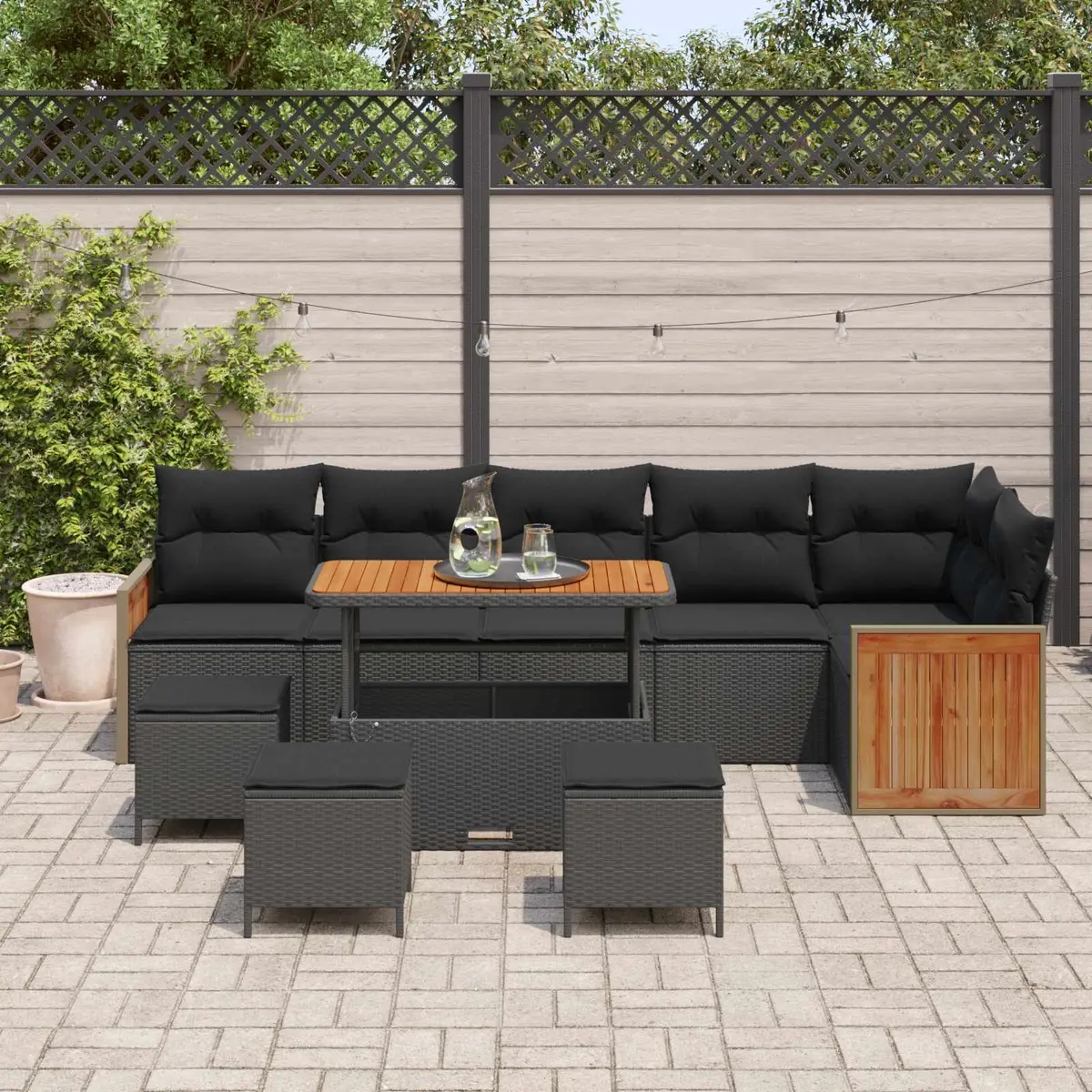 10 Piece Outdoor Sofa Set Black Poly Rattan Removable Cushions Steel Frame