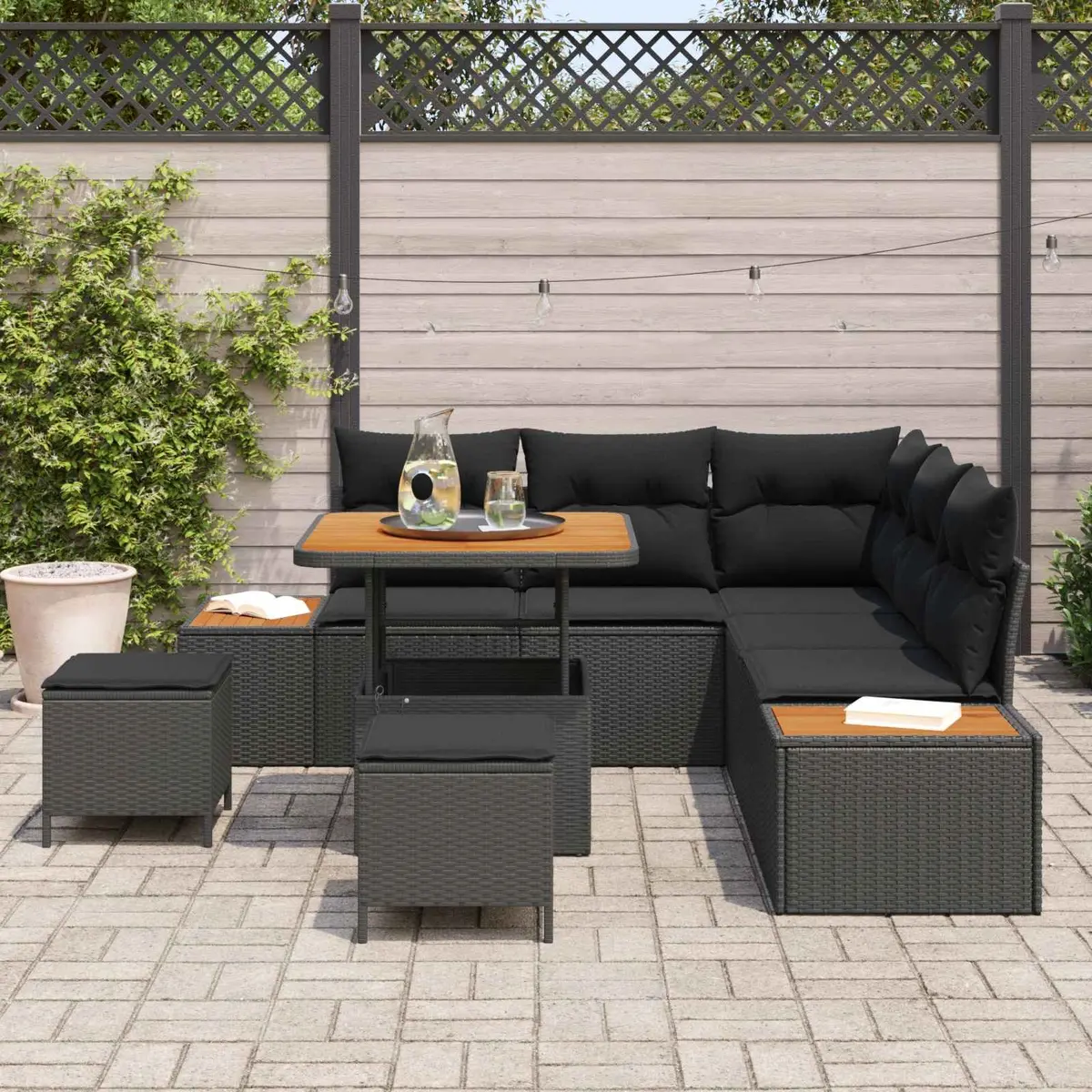 Outdoor Garden Sofa Set 8 Pieces Black Poly Rattan Steel Frame Modular Seating