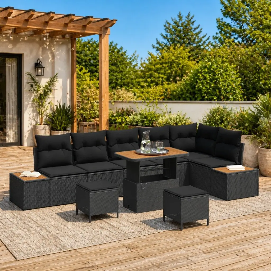 Garden Sofa Set 9 Piece Modular Outdoor Seating Black Durable Poly Rattan and Powder-Coated Steel with Height-Adjustable Table
