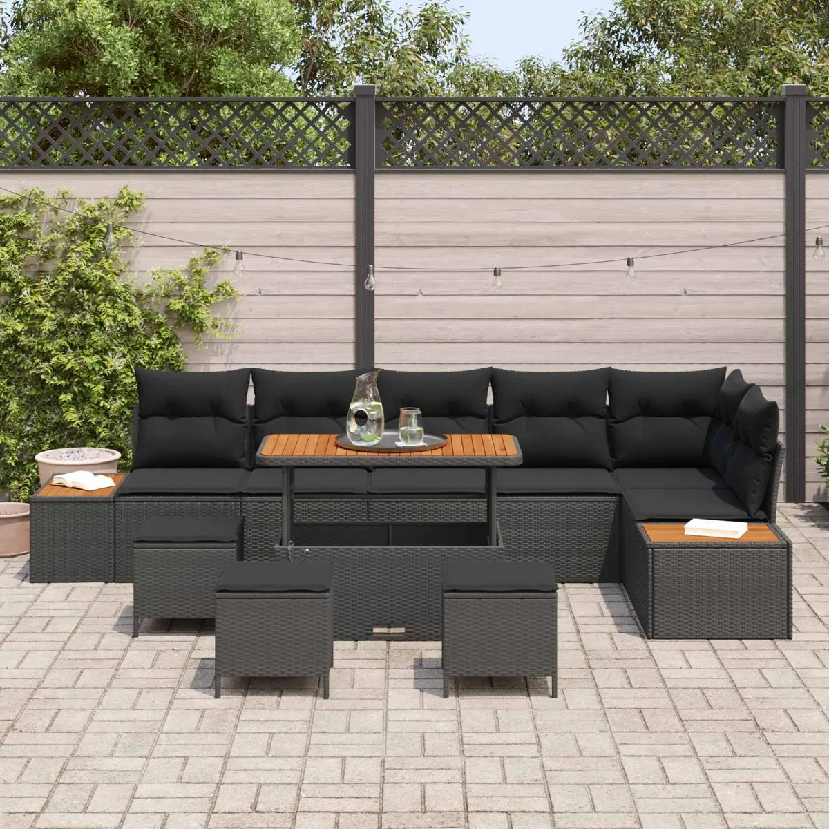 Modular Outdoor Garden Sofa Set 10 Piece Black with Height Adjustable Table and Removable Cushions