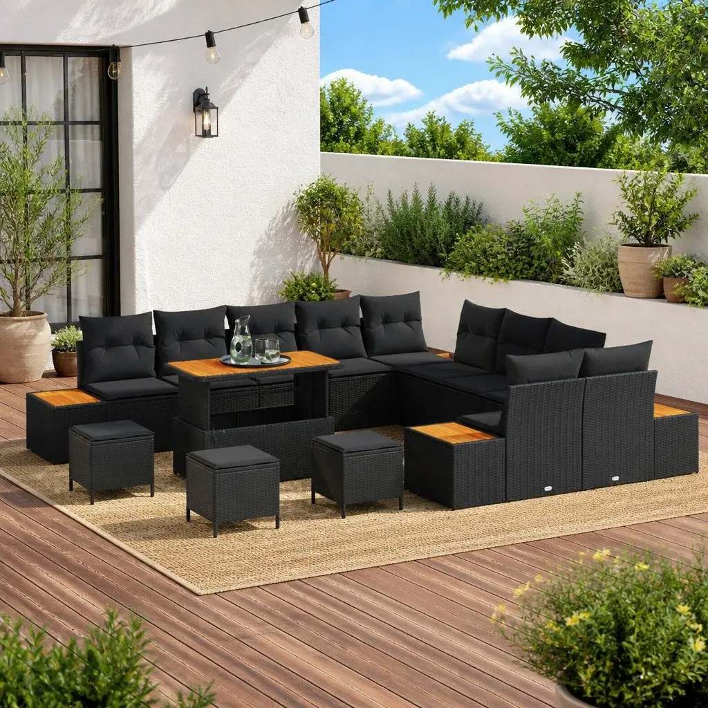 Garden Sofa Set 14 Piece Black Poly Rattan Powder Coated Steel Cushions