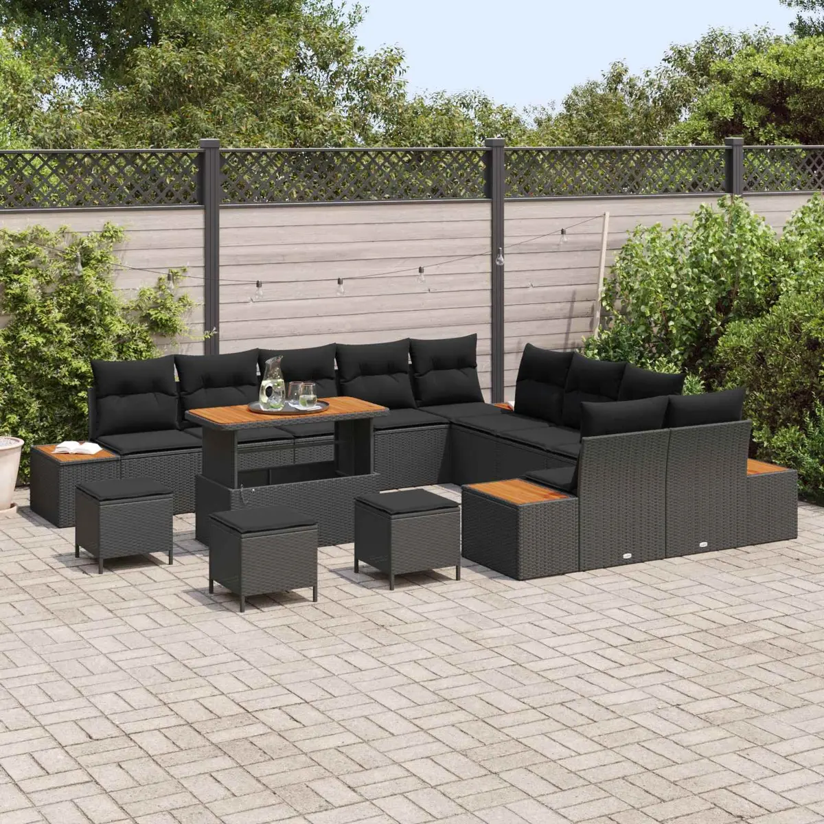 Garden Sofa Set 14 Piece Black Poly Rattan Powder Coated Steel Cushions