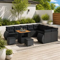 Garden Sofa Set Modular Outdoor Seating 12 Pieces Black Poly Rattan Cushion