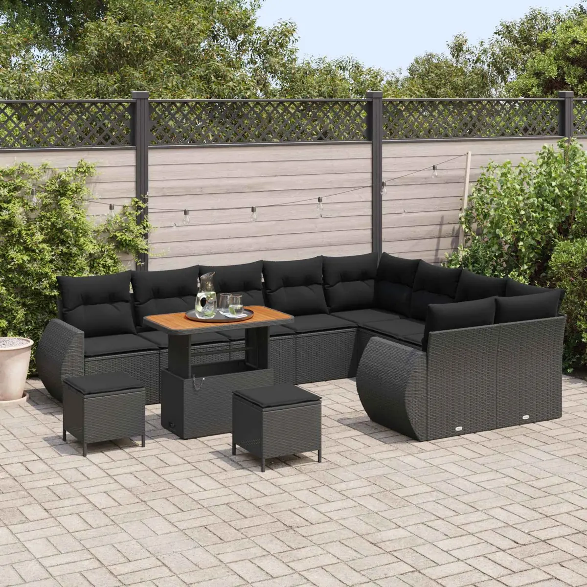 Modular Garden Sofa Set 12 Piece Woven Poly Rattan with Storage and Black Cushions