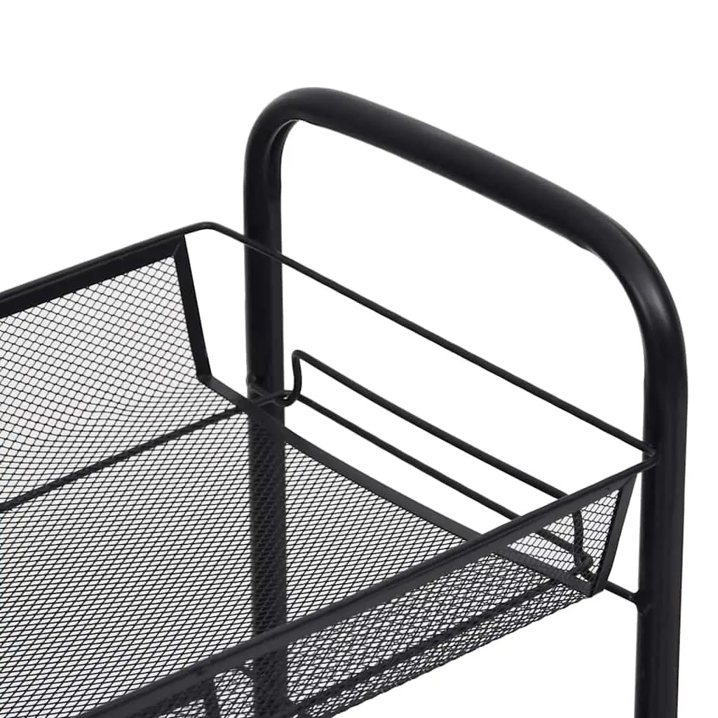3-Tier Kitchen Trolley Black Iron Storage Cart with Removable Mesh Baskets and Wheels